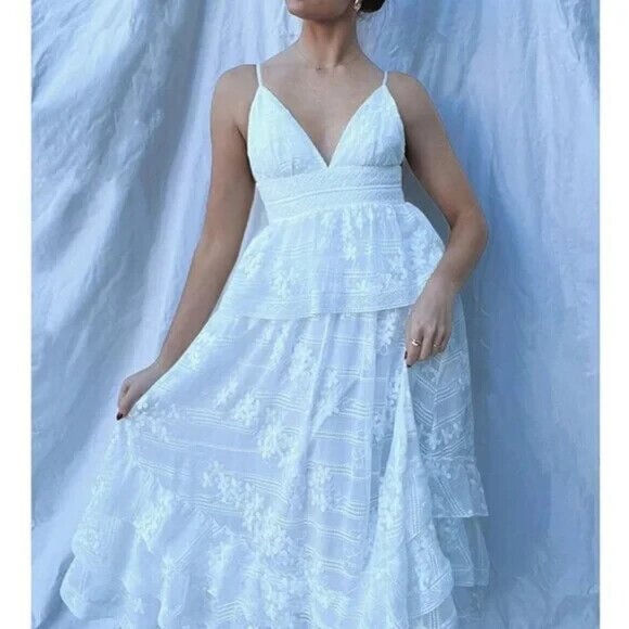 GIANNI BINI MIDORI LACE OVERLAY V-NECK PEPLUM LAYERED A-LINE DRESS 12 - Picture 2 of 6